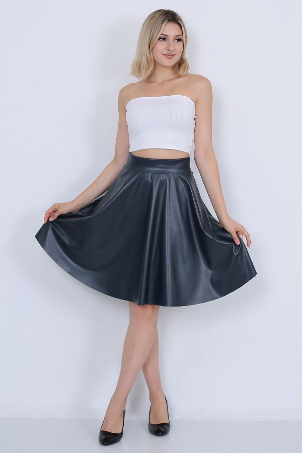 WAYS Women s Navy Blue Flared Faux Leather Skirt Faux Leather Trendyol