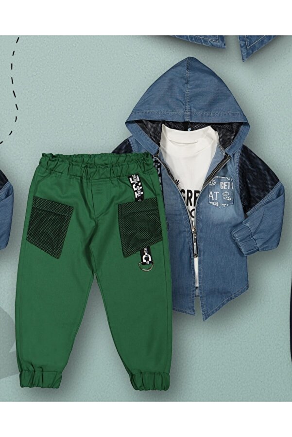 Novy Baby File Cepli Gabardin Pantolon Kapşonlu Kot Gömlekli 3'lü Takım - 1-4 Yaş - Yeşil