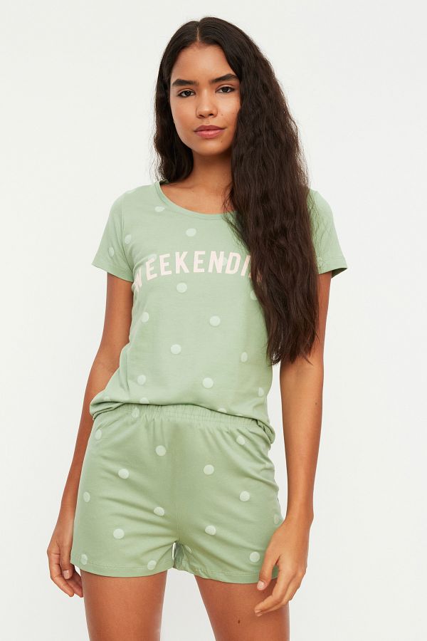 Trendyol Collection-Mint Polka Dot Shorts Knitted Pajamas Set Thmss20Pt0215 1