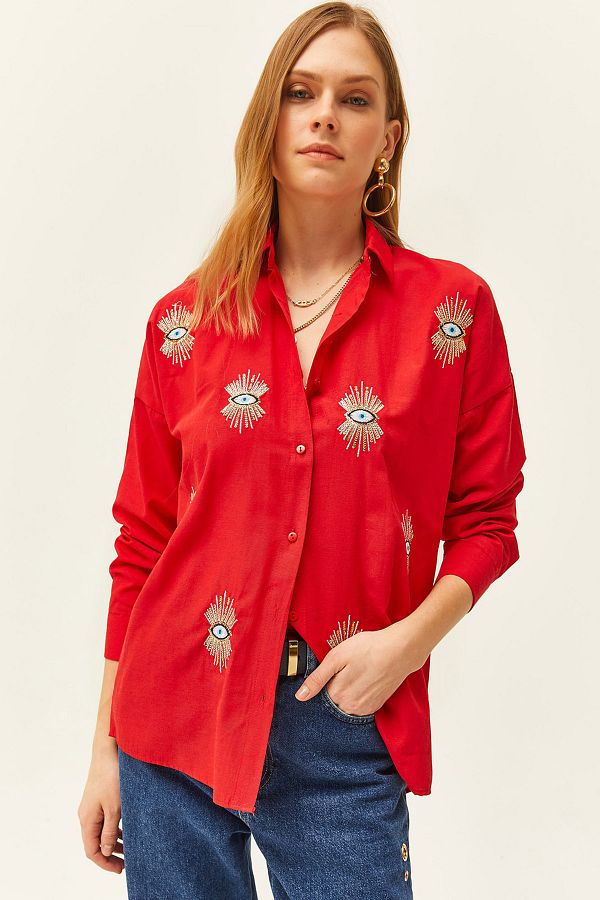 Olalook-Woman's Red Sequin Detailed Woven Boyfriend Shirt GML-19000992 1