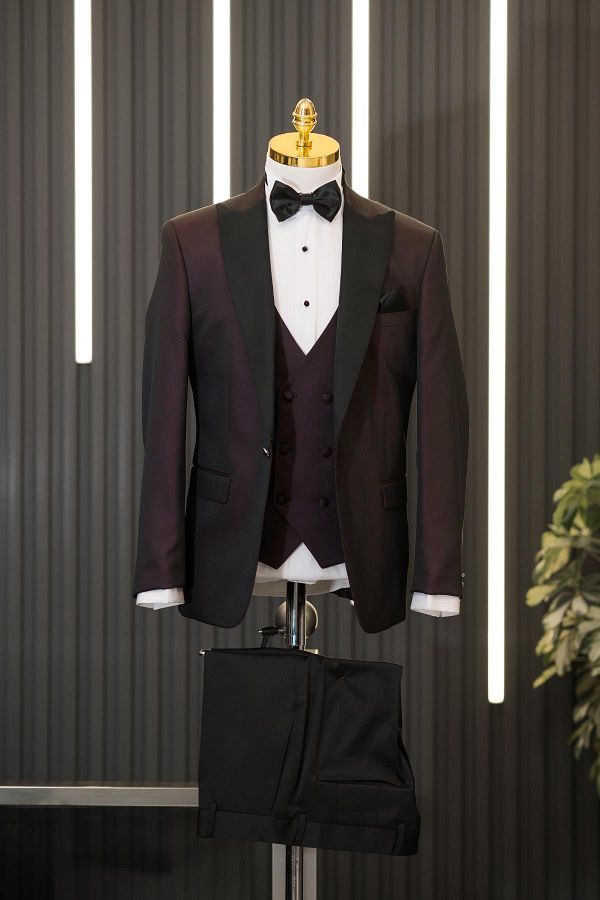 AKÇAYLAR-Regular Fit Dobby Pointed Collar (Removable Collar) Vest and Bow Tie Tuxedo Suit 1