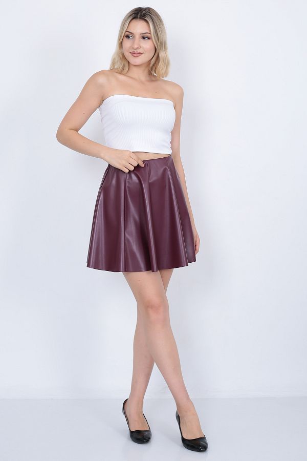 WAYS Women s Burgundy Faux Leather 8 Piece Mini Flared Skirt Faux Leather Trendyol