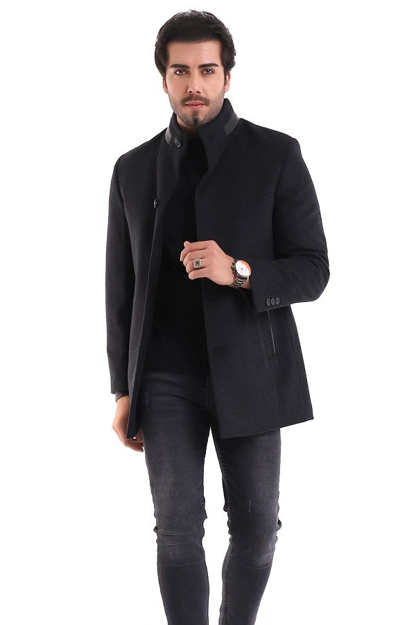 By Karaaslan Men s Prevailing Collar Leather Short Stamp Wool Overcoat Coat Topcoat Jacket Wool Trendyol