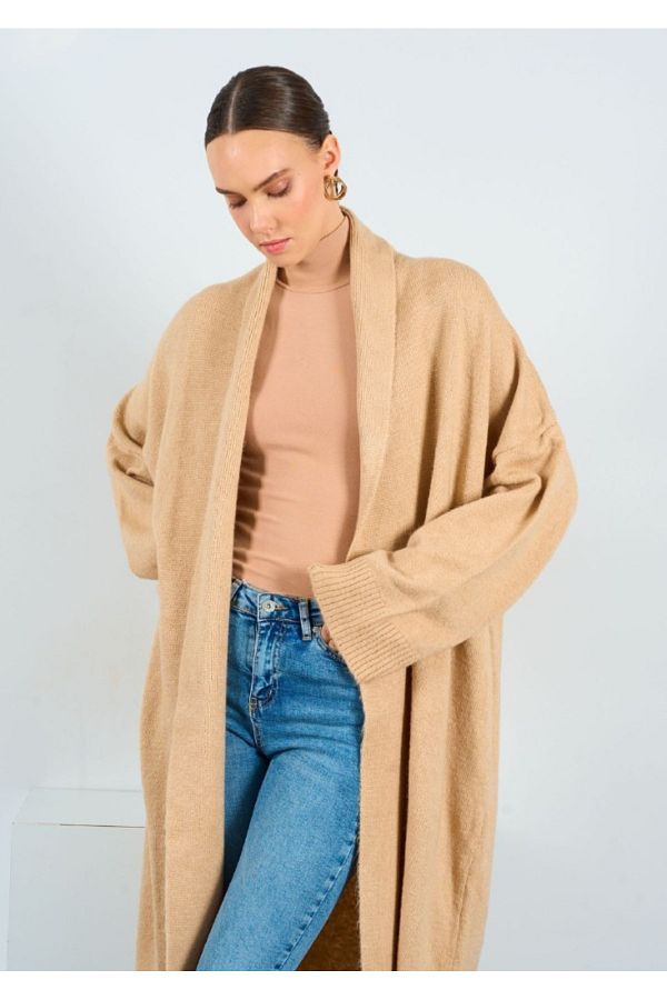 Qu Style CITI PITI BOUTIQUE LONG CAMEL COLOR CARDIGAN Trendyol