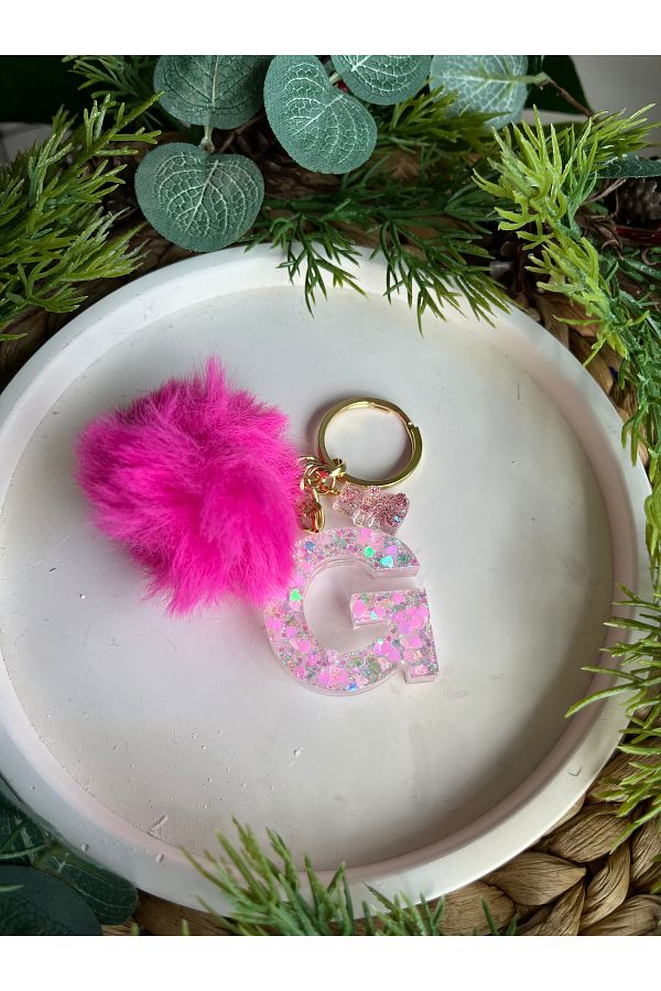 whiteandgolddesign Letter G epoxy letter keychain heart series with pompom Trendyol