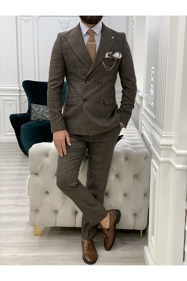 LONATOL A Men s Plaid Double Breasted Suit Italian Cut Slim Fit Jacket Trousers Bitter Brown Trendyol