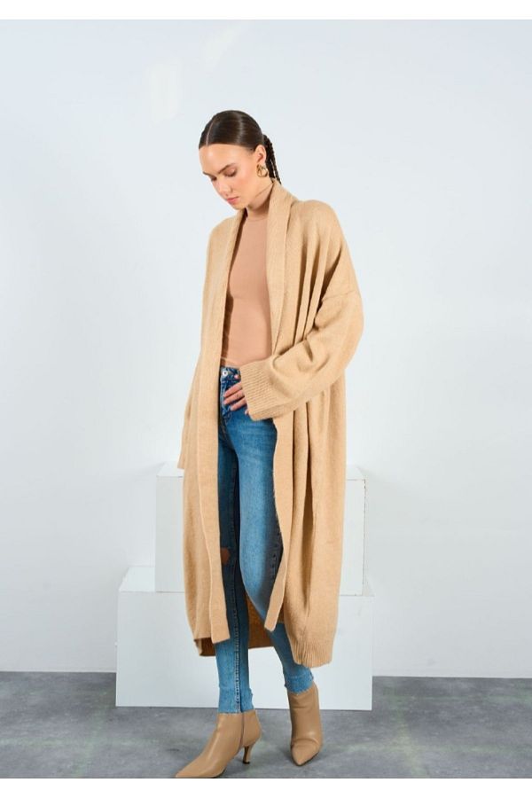 Qu Style CITI PITI BOUTIQUE LONG CAMEL COLOR CARDIGAN Trendyol