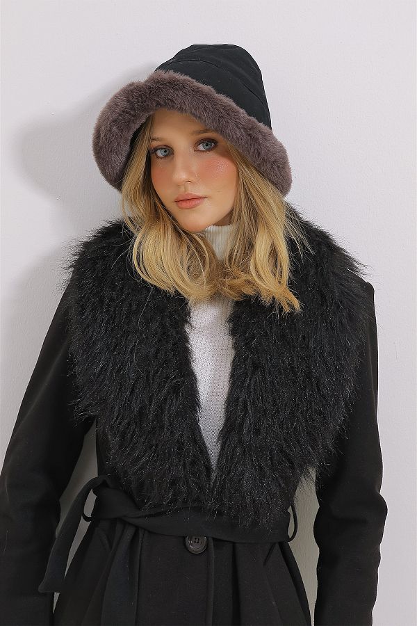 Trend Alacat Stili Woman s Black Faux Fur Bucket Hat ALC X11482 Trendyol