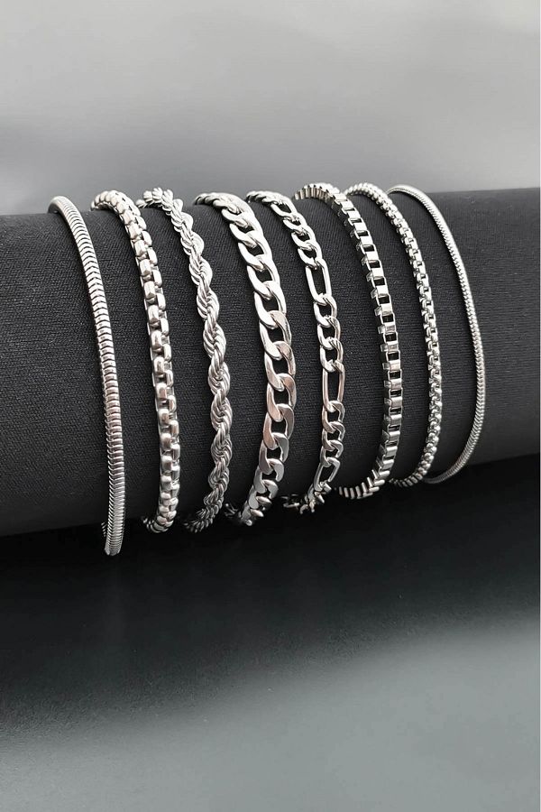 The Collection 8 Piece Chain Silver Color Men s Bracelet Set SILVER COLOR BRACELET SET Trendyol