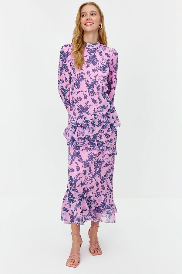 Trendyol Modest-Lilac Floral Skirt Ruffled Lined Woven Chiffon Dress TCTSS23EB00160 1