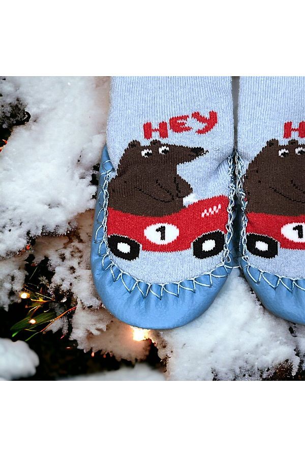 mylou Race Car Teddy Bear Baby Moccasin Leather Sole Ballerina Socks