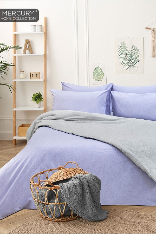 Mercury-Double Cotton Bedding Set| Lilac-grey with Elastic Sheets| Double Sided Buttoned Duvet Cover 1