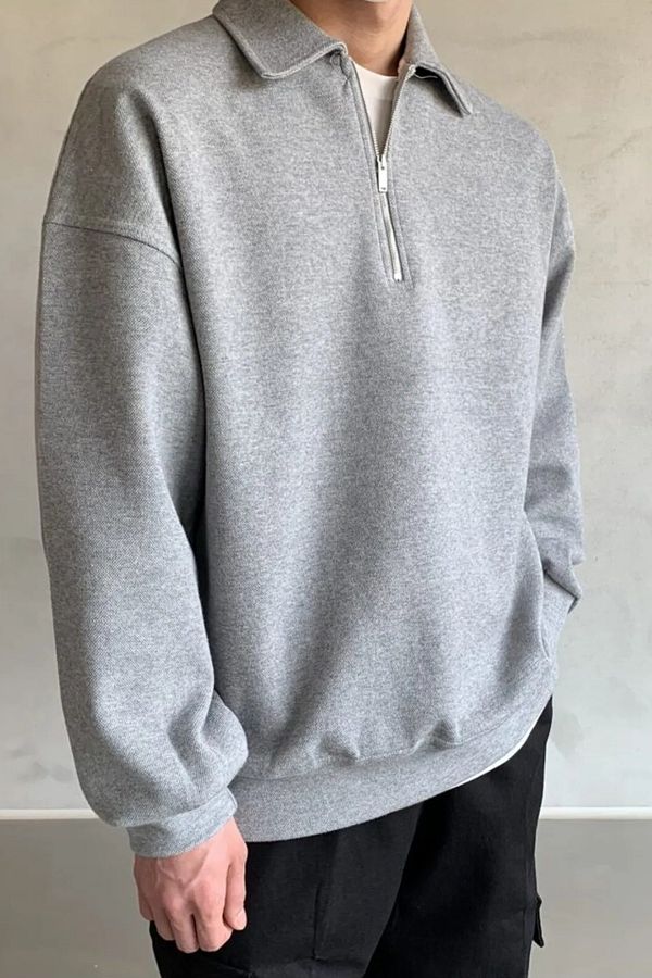 Vio Belle Men s Oversize Half Zipper Sweatshirt with Shirt Collar Trendyol