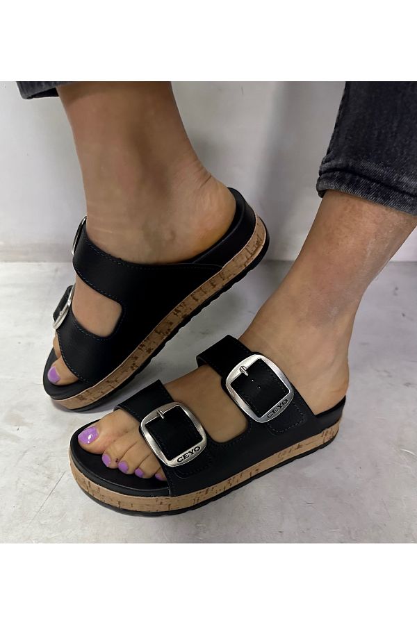 Ceyo WOMEN S BLACK COLOR DOUBLE STRAP BIRKENSTOCK MODEL Comfortable Orthopedic SOLE Slippers THICK SOLE 9960 12 Trendyol