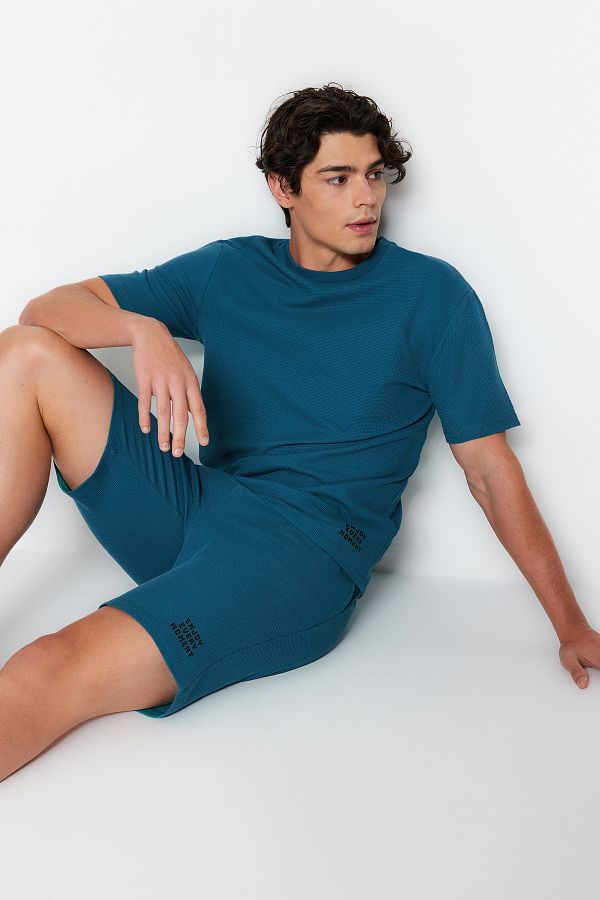 Trendyol Collection-Petrol Regular Fit Textured Knitted Shorts Pajamas Set TMNSS23PT00032 1