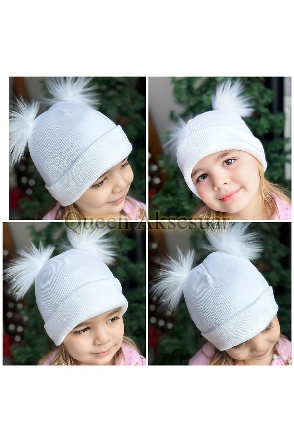 QUEEN AKSESUAR Trend fashion adjustable measured lol baby furry with pom pom beanie hat children baby white 0 6 Trendyol