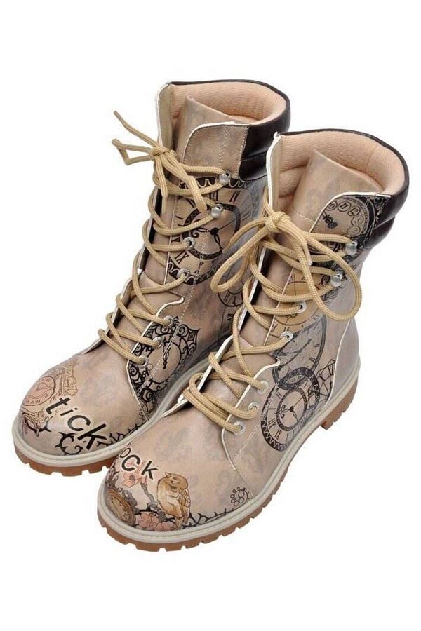 Dogo-Women's Vegan Leather Beige Long Boots - Tick Tock Design 1
