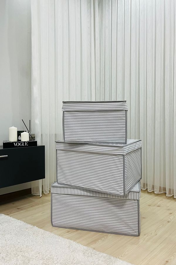 VAYBE-Set of 3 Gray Polka Dot Patterned Multi-Purpose Storage Box, Box Storage Box Organizer Toy Box 1