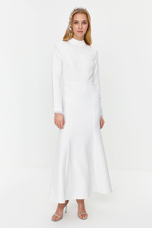 Trendyol Modest-Λευκό υφαντό βραδινό φόρεμα γάμου και ειδικών περιστάσεων - TCTSS24DB00044 1