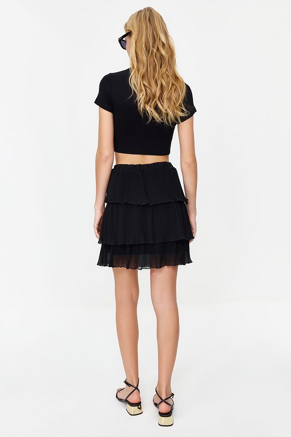 Trendyol Collection Black Pleated Skirt Ruffled Chiffon Mini Woven Skirt TWOSS24ET00047 Trendyol