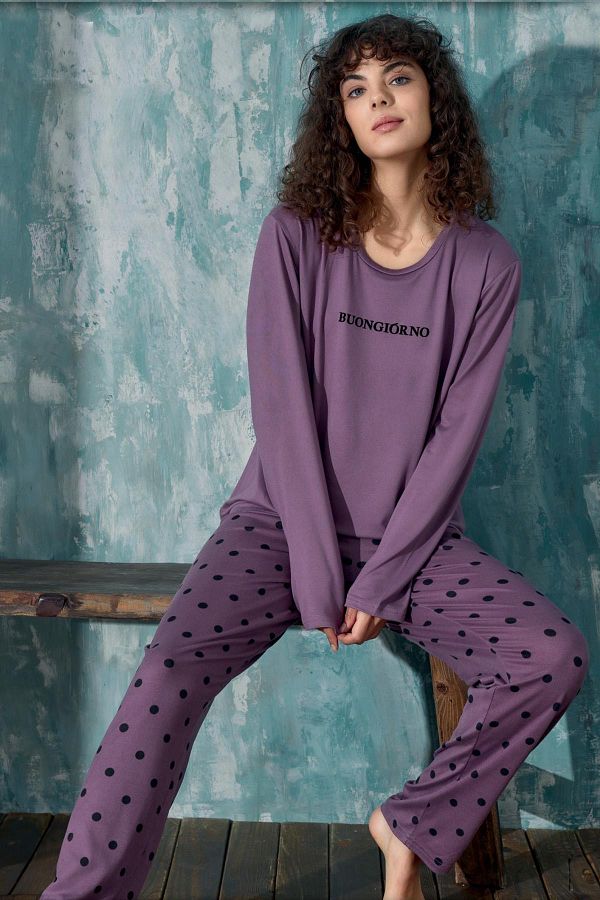 cotonhause Women s Long Sleeve Lilac Pajamas Set C5T0N9O02 3 Trendyol