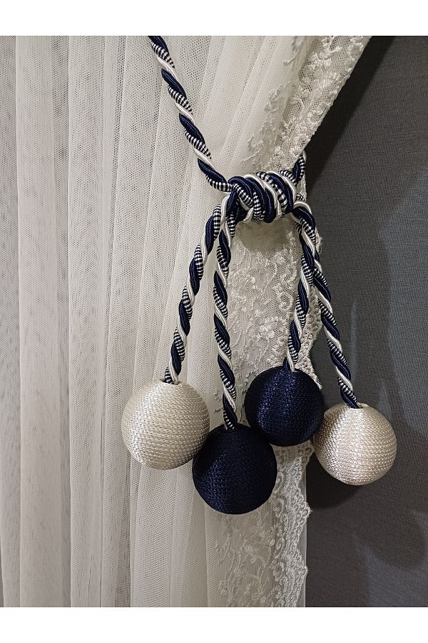 venedik home-Ecru and Navy Blue 4 Ball Tulle and Background Binding Apparatus Curtain Tie Double Breasted Ceiling Binding Corniş Takmatik 1