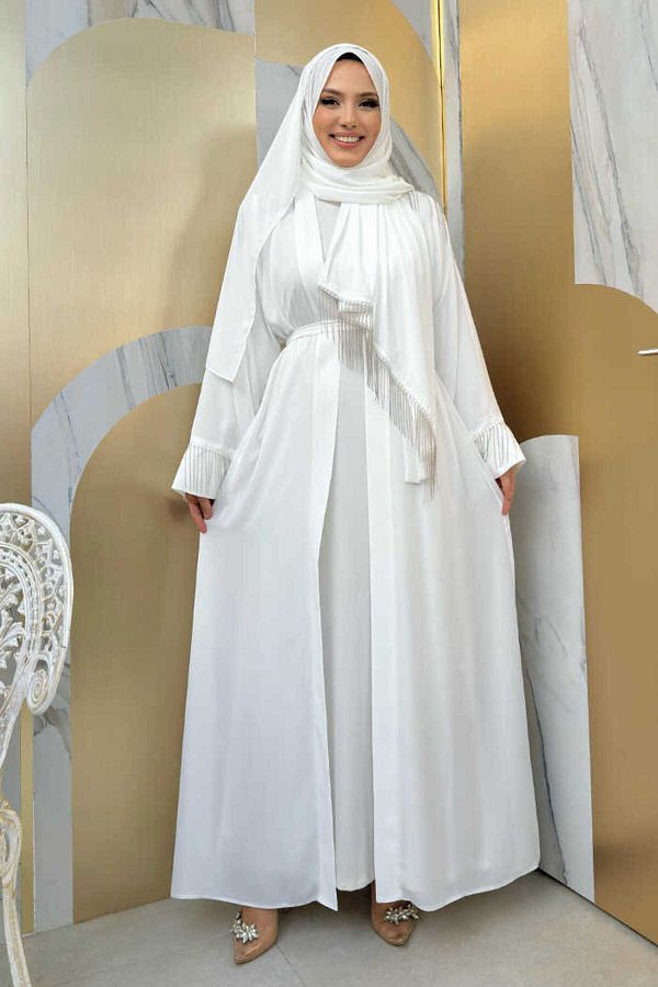Bym Fashion-Lant Ciciuc Detaliat Şal Abaya 7887 Ecru 1