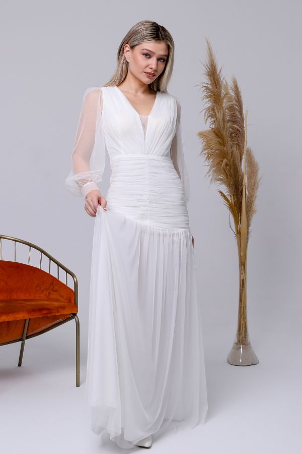 Asees-Rochie de Seara Tulle Stretchy Baseni Gathered V Rock Maneci Tulle 1