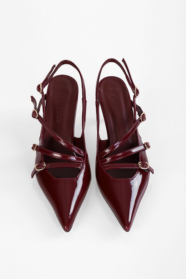 Shoeberry-Joelle – Spitz zulaufender Stilettoabsatz aus Lackleder in Weinrot mit Gürtelschnalle für Damen 1