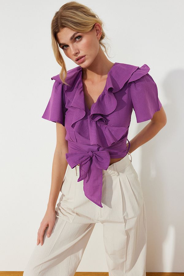Trendyol Collection-Lila fodros és nyakkendős részletes szőtt blúz TWOSS20BZ0351 1