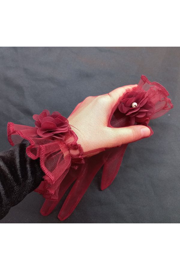 es moda shop-Camelia floral ruffle bridal gloves short burgundy 1