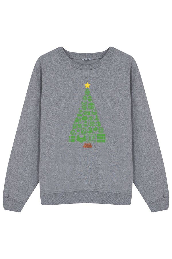 DOT Gray Unisex Sweat Super Mario Christmas Tree Trendyol