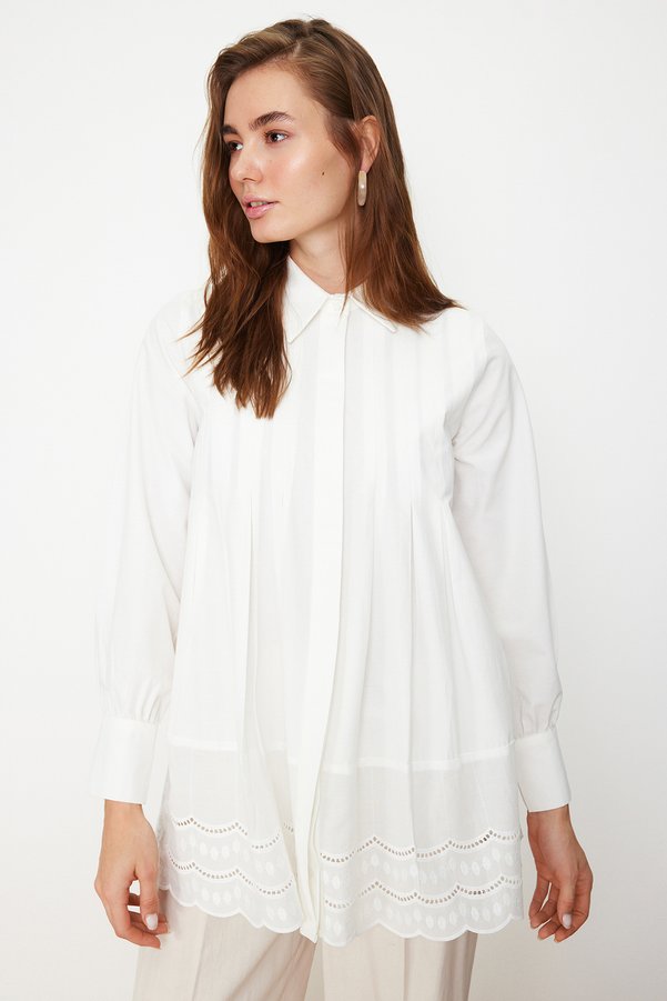 Trendyol Modest Ecru Embroidered Detail Cotton Woven Shirt TCTSS24TG00017
