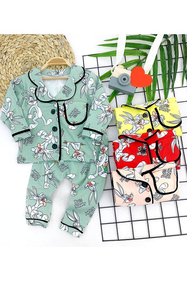 Diji Baby 9 12 18 24 Months Bugs Bunny Printed Button Closure Baby Girl and Boy Pajamas Set Trendyol