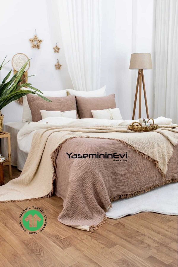 YASEM N NEV King Size Brown Light Brown Muslin Bedspread Pique Set with 2 Pillowcases Trendyol