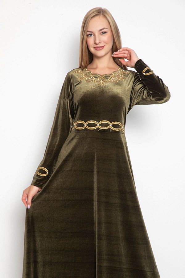 Laila Women s Khaki Velvet Dress Trendyol