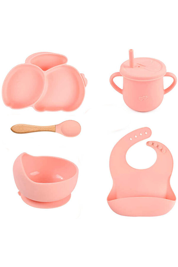 Baby Lock Silikon Beslenme Seti Vakumlu Silikon Mama Tabağı, Mama Kasesi, Önlük, Kaşık, Pipetli Bardak