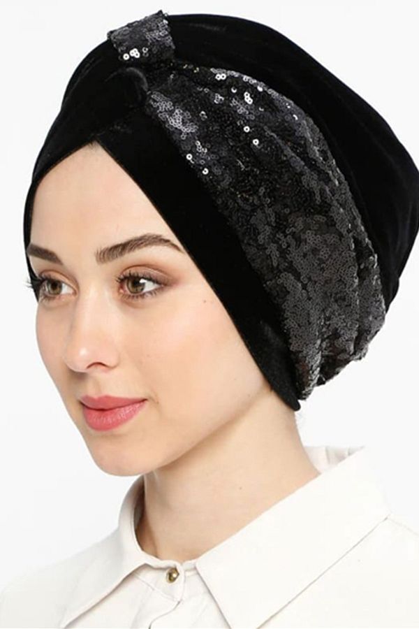 Vera-بونيه إفروز جاهز عمامة متقاطعة مبطنة بونيه حجاب أسود مخملي مطرز بونيه نسائي 1