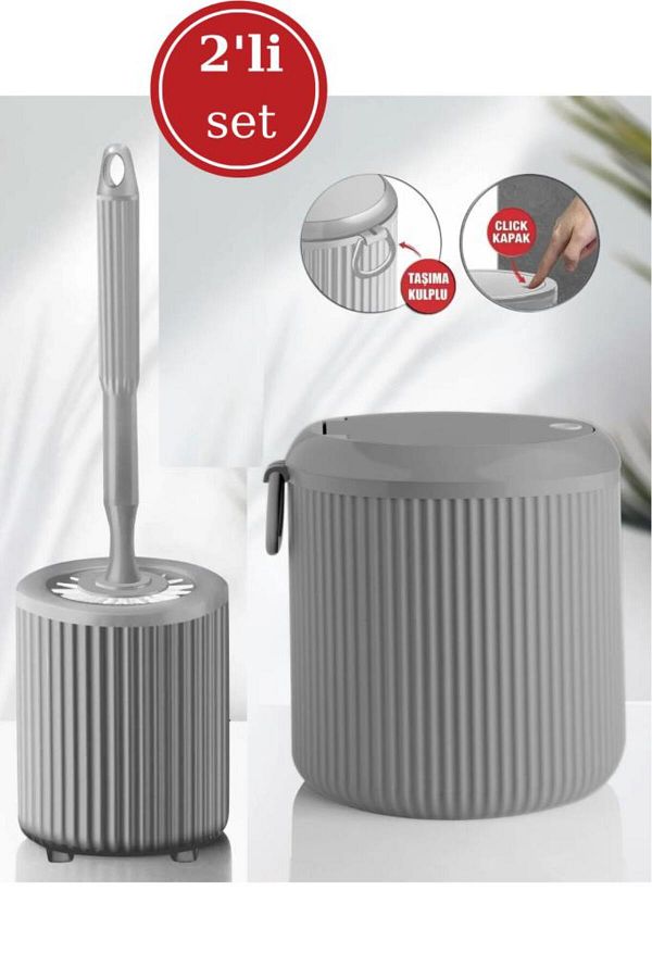 Flora-4 Liter Click Lid Round Trash Can and Toilet Bowl WC Toilet Brush Set of 2 Gray 1