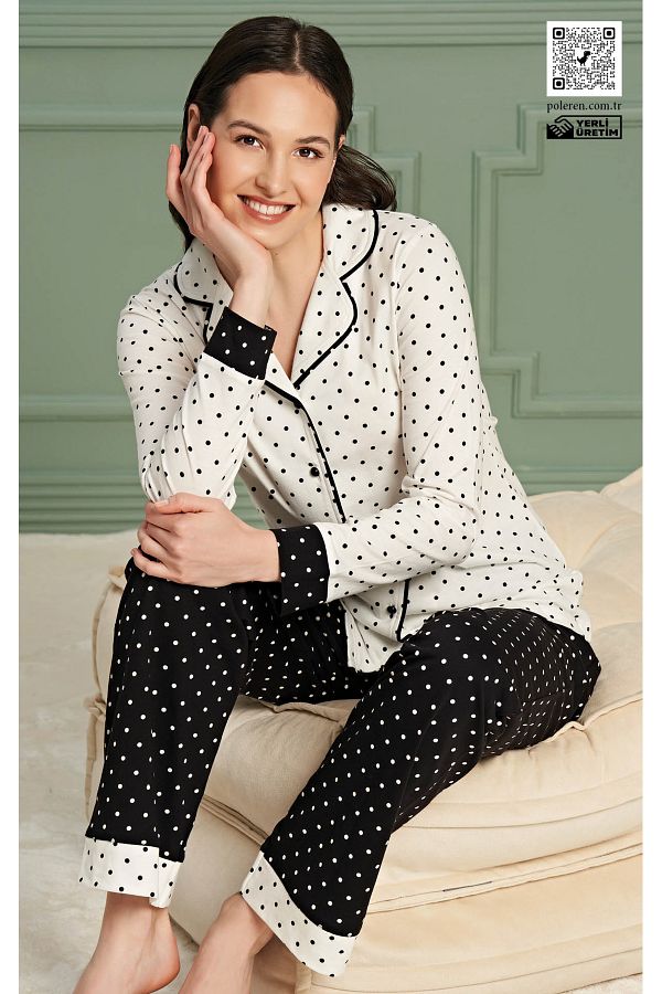 Over Sleep by Poleren Black and White Polka Dot Shirt Collar Long Sleeve Women s Pajamas Set