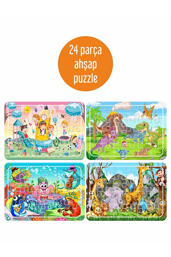 Baskı Atölyesi Oyun Zamanı, Sevimli Dinazorlar, Deniz Canlıları, Sevimli Hayvanlar Ahşap 24 Parça Puzzle