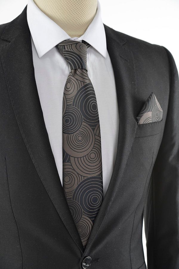 Brianze-Geometric Pattern Mink Tie with Handkerchief 1