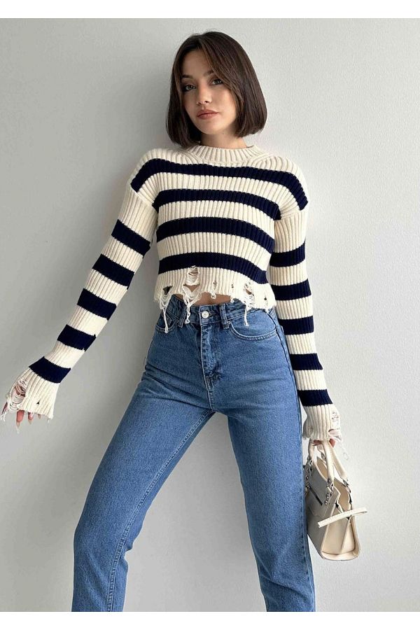 jons since 1997 Women s Crew Neck Striped Sweater with Ripped Bottom Trendyol