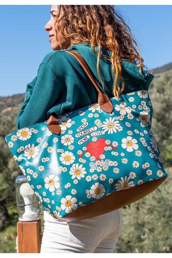 Dogo Women s Vegan Leather Turquoise Shoulder Bag Show Yourself More Love Design Trendyol