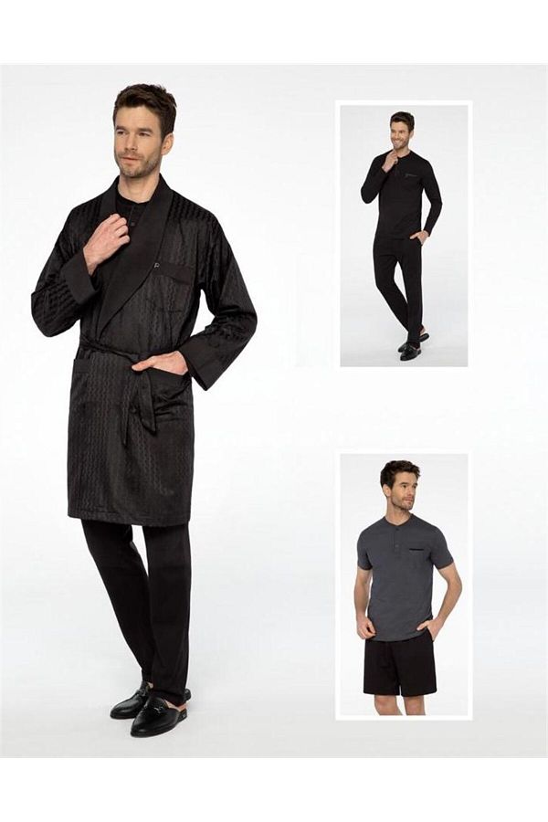 Pijalux Men s Black Coton Jacquard Robe De Chambre Set of 5 Trendyol