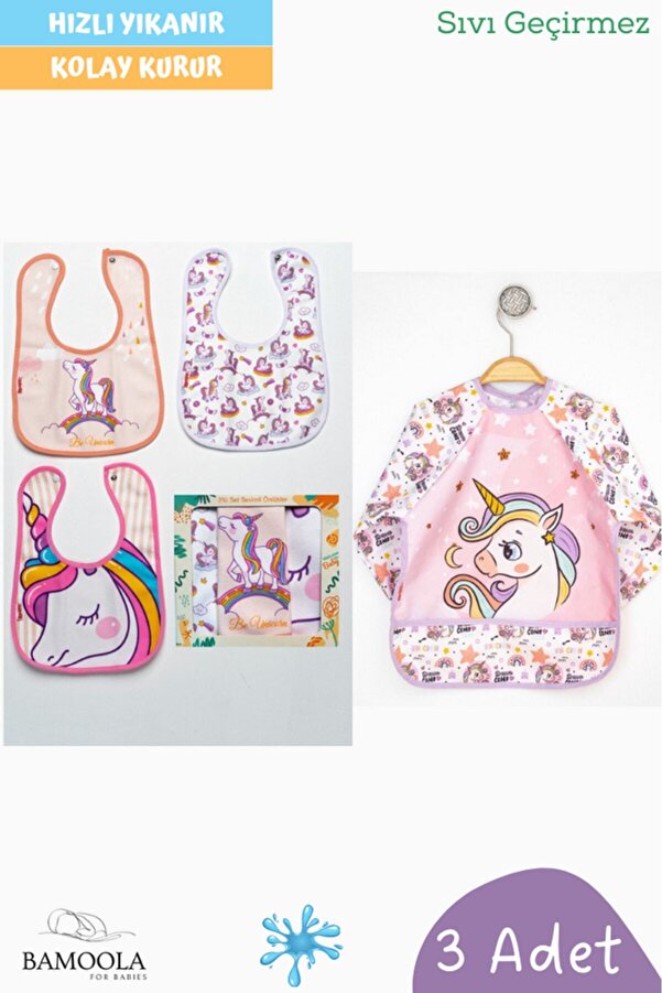 Bamoola 4'lü Unicorn Desenli Uzun Kollu Bebek Mama Önlüğü (3 Kolsuz + 1 Kollu)
