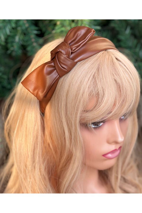 QUEEN AKSESUAR-Imported luxury French model leather bow wide knot crown pastel caramel brown women's crown 1