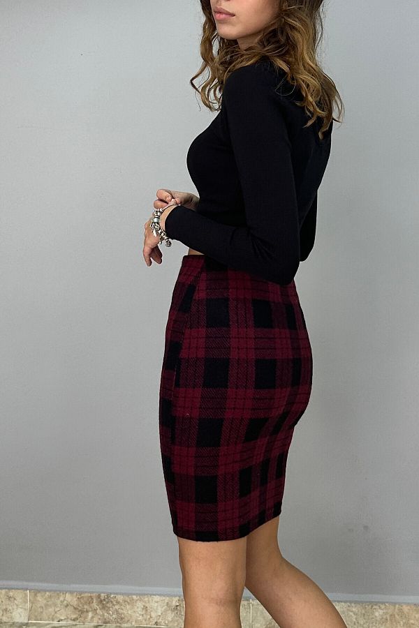 Tam Moda Women s Pencil Skirt Burgundy Black Plaid Trendyol