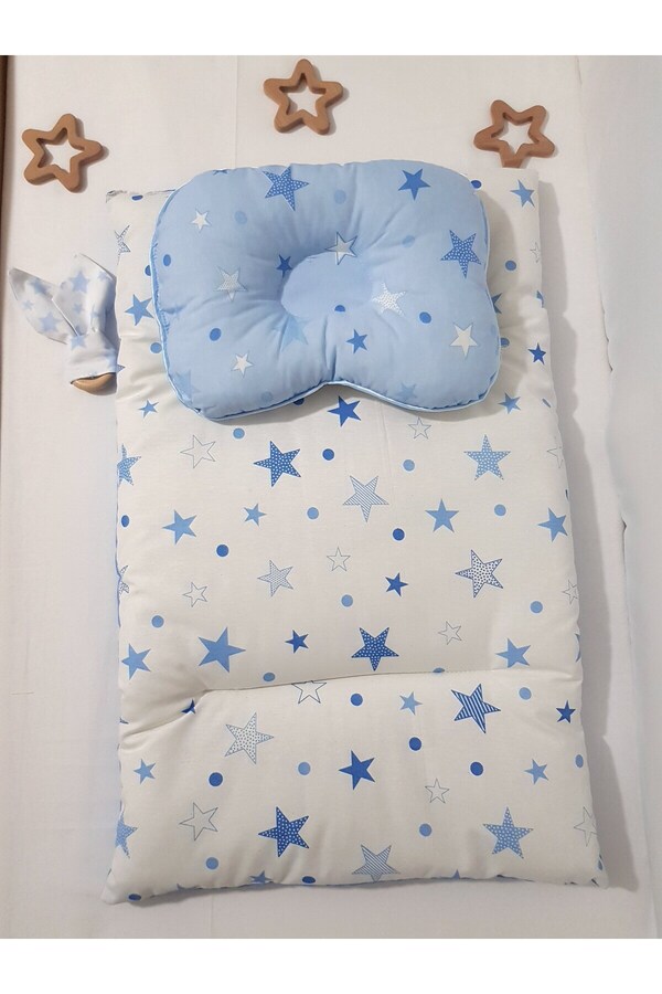 bebek_iklimi Çift Taraflı Alt Açma Minderi Mavi ( BAŞ DÜZELTME YASTIĞI ve DİŞ KAŞIYICI AHŞAP HALKA HEDİYELİ )