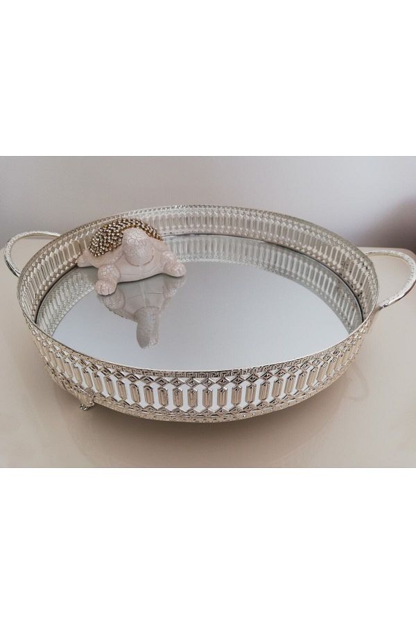 NEXTSELL-Silver Color Decorative Presentation Tray with Round Mirror 1
